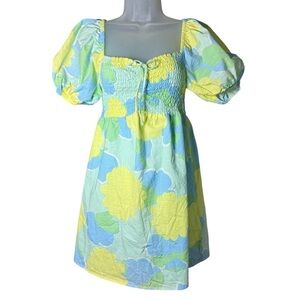 SABO Floral Babydoll Smocked Puff Sleeve Dress USA 4 Resort Cruise Vacation